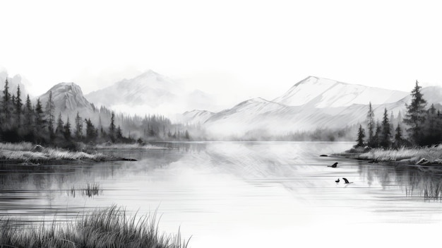 Photo black and white lake scene detailed hunting scenes in digital painting