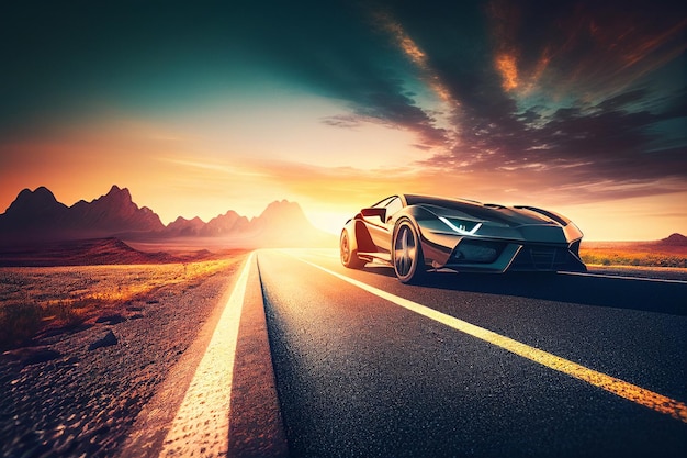 A black and white lamborghini on a road at sunset