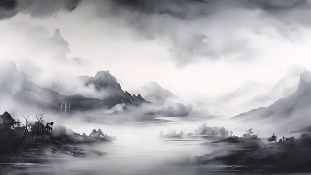 black and white landscape painting abstract texture background grey scale watercolor illustration