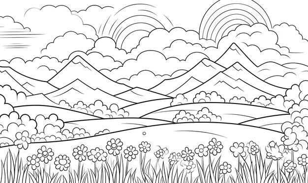 A black and white landscape with mountains and flowers