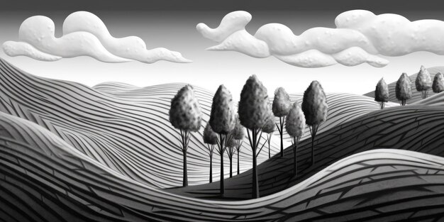 black and white landscape with trees and clouds