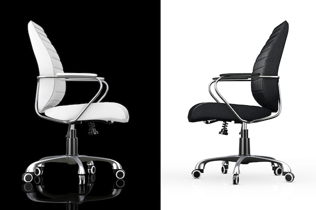 Black and White Leather Boss Office Chairs on a white and black backgroundl. 3d Rendering.