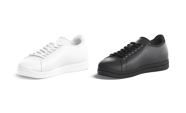 Черно-белые кожаные кроссовки с кружевным макетом. Повседневный макет подростковой обуви. Дышащие ботинки.