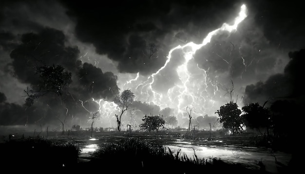 black and white Lightning storm