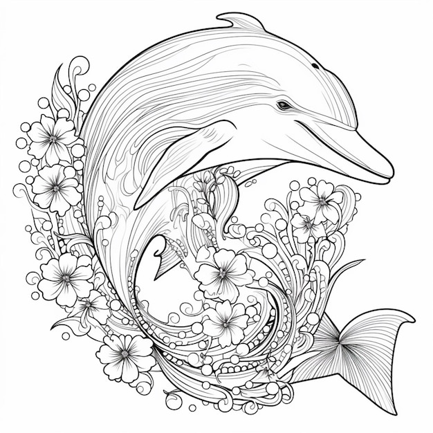 Photo black white line art coloring dolphin psyched illustration picture ai generated art
