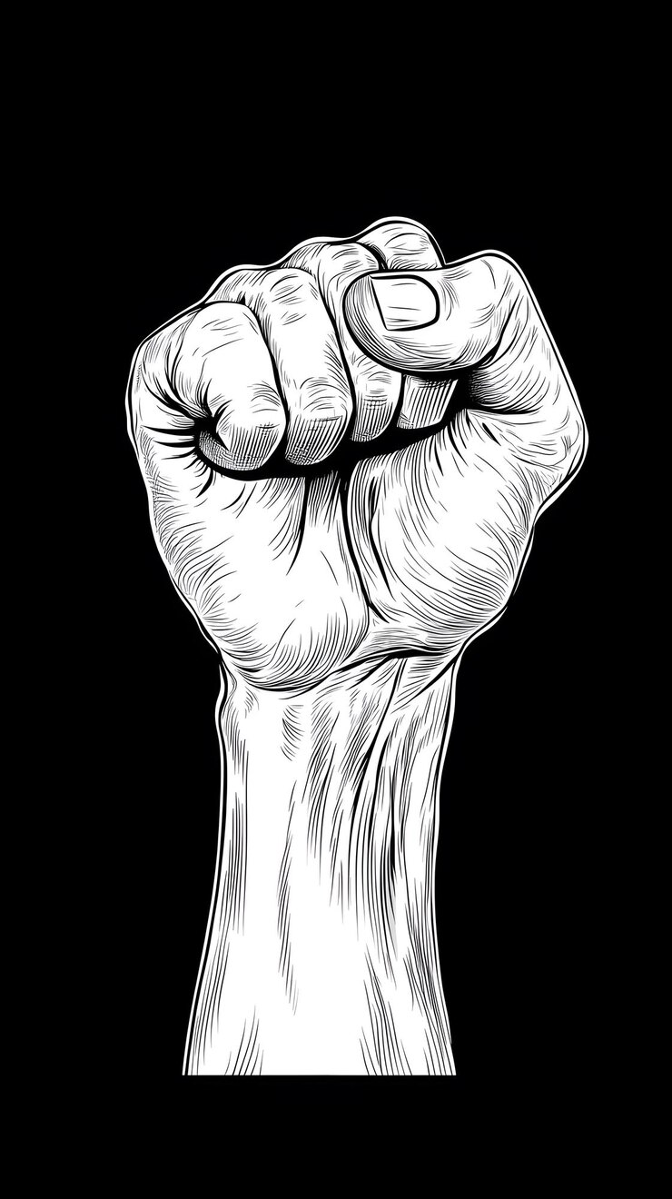 Photo black and white line art drawing of a raised fist