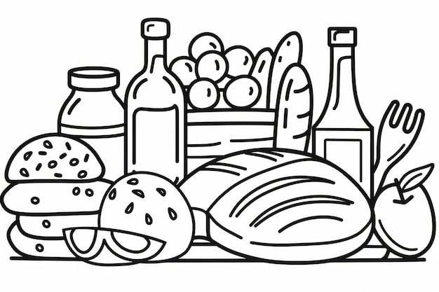 黒と白のラインアートでパンボトルフルーツ砂など様々な食品が描かれています