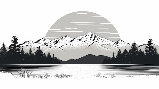 Black and White Line Art Graphic of a Far at Lake George