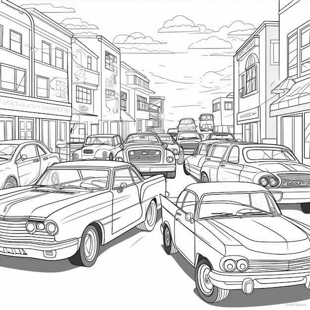 A black and white line drawing of cars on a busy street.