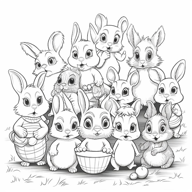 A black and white line drawing of a group of rabbits