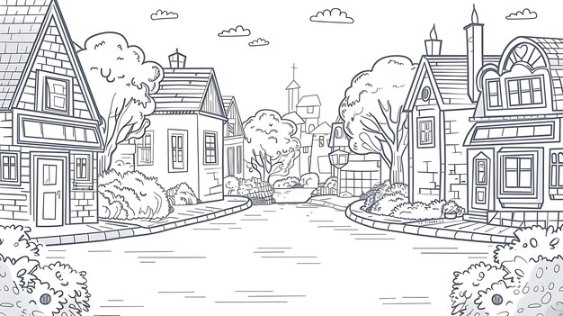 A black and white line drawing of a small town street with two houses