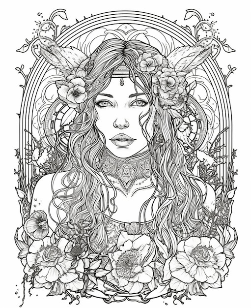 A black and white line drawing of a woman with flowers around her face.