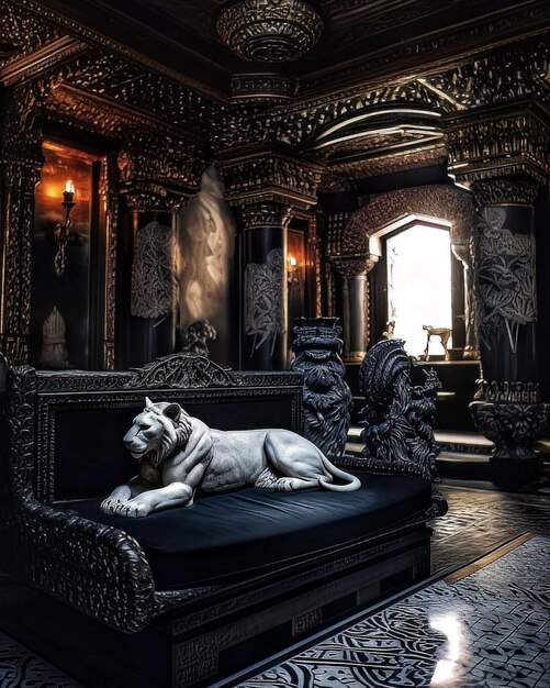 A black and white lion is laying on a couch in a room with a large throne.