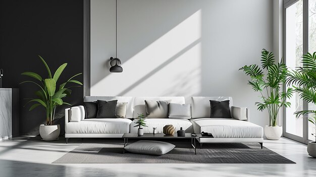 black and white living room interior design with sofa minimal aesthetic 3d rendered