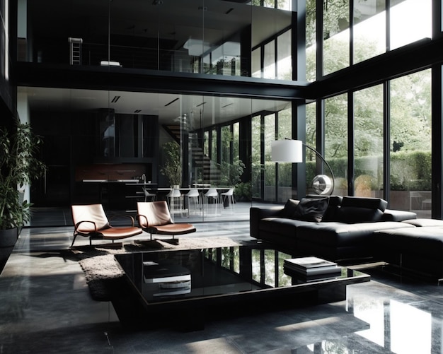 A black and white living room with a table and chairs and a couch.