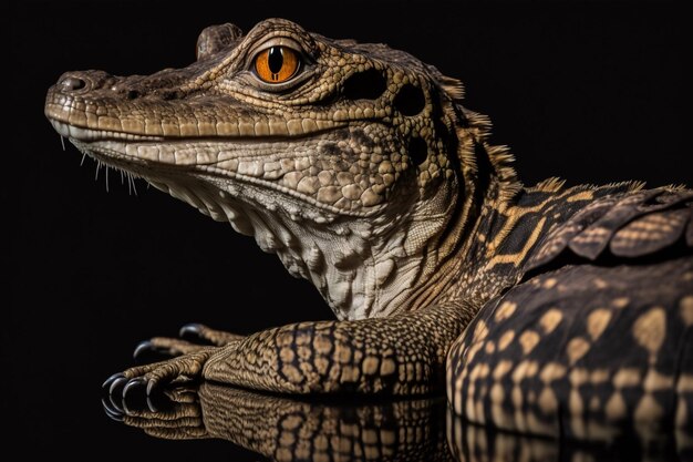 A black and white lizard with orange eyes and a black background