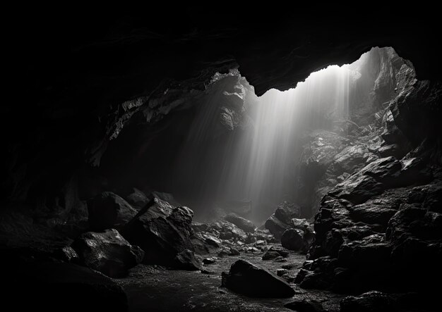 A black and white long exposure shot of a cave with a beam of light piercing through a narrow