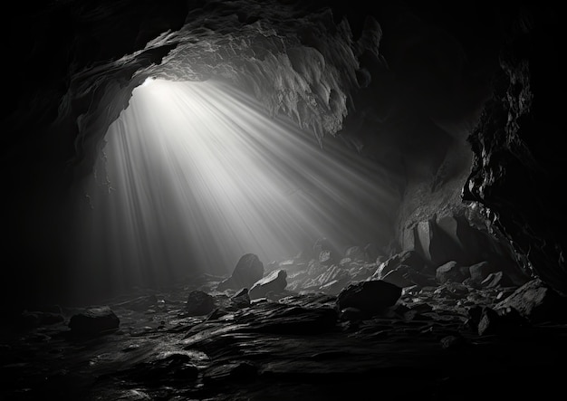 A black and white long exposure shot of a cave with a beam of light piercing through a narrow