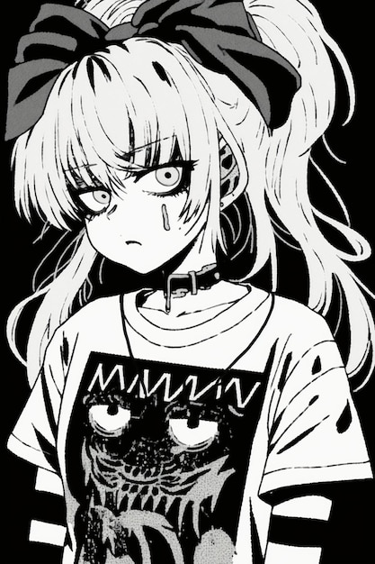 A black and white manga girl with a shirt that says'hello kitty'on it.