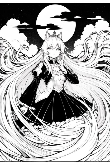 A black and white manga style illustration of a girl with long hair and a cat with the moon behind her.