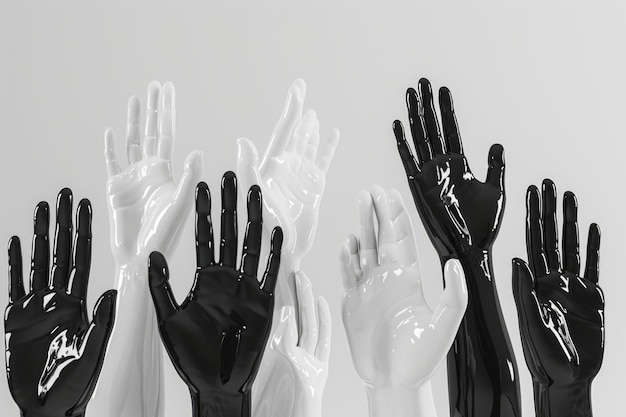 Black and white mannequin hands raised in solidarity for equality