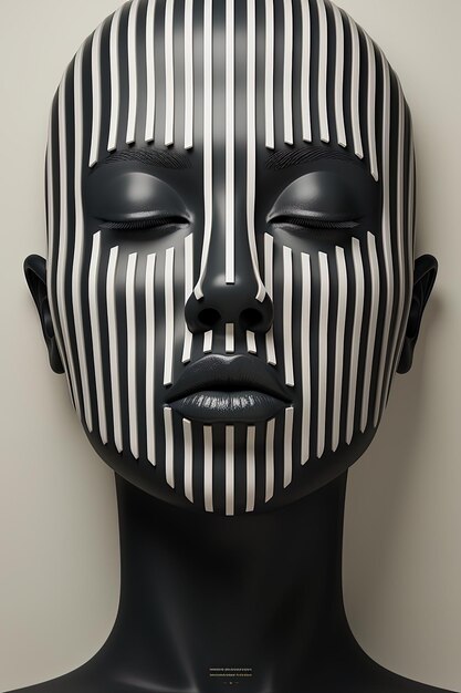 a black and white mannequin head with stripes on it