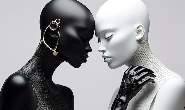 a black and white mannequin sitting next to each other in the style of distinctive noses