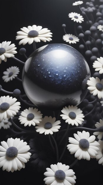 Photo a black and white marble ball with daisies on it