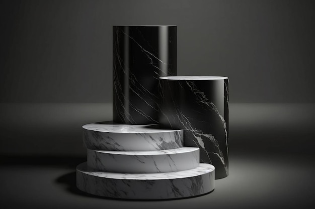 A black and white marble pedestal with a black base.