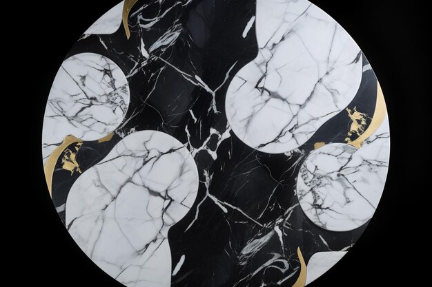 Photo a black and white marble table with gold and black marbles.