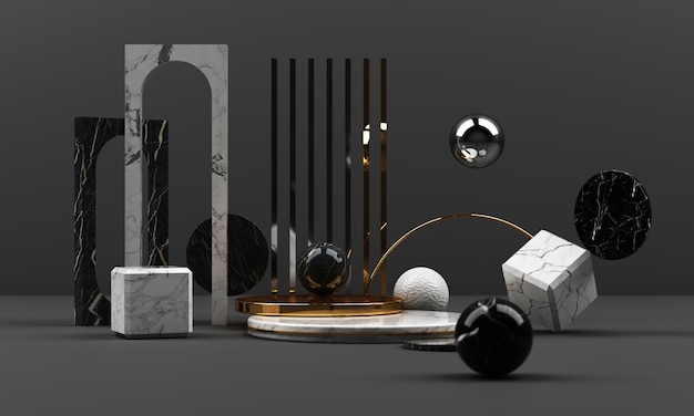 black and white marble texture geometric shape and gold with stainless object group set 3d render abstract scene blank podium with black background