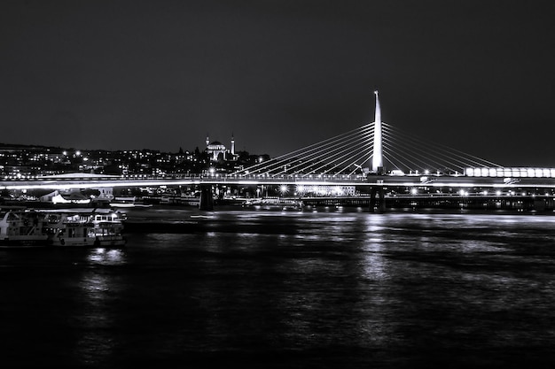 Black and White Marmara sea and Bosphorus narrow at night in Istanbul