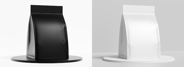Foto borsa da caffè in plastica opaca nera o bianca mockup standup sul podio con illustrazione di sfondo 3d