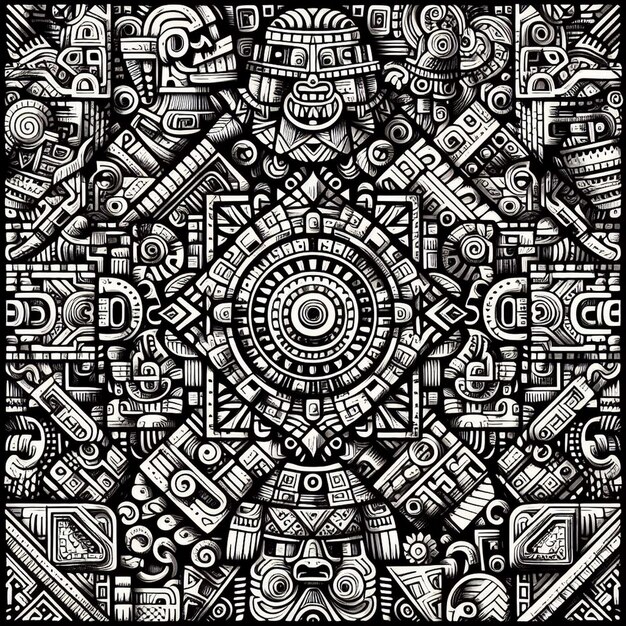 Photo black and white mayan doodle pattern