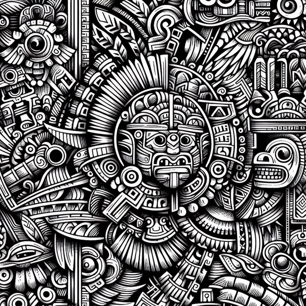 Photo black and white mayan doodle pattern