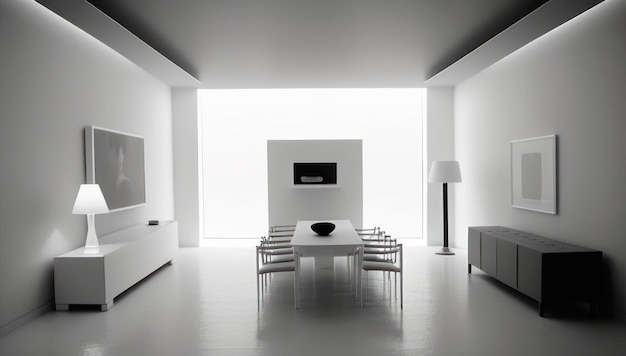 Foto soggiorno minimalista in bianco e nero con un concetto di interior design pulito con luce diurna