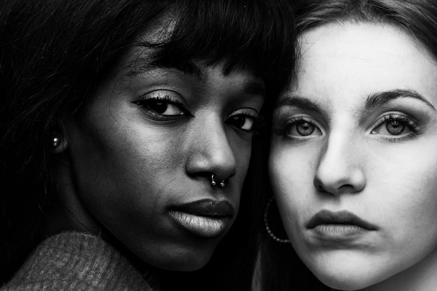 Black and white of a mixed couple of girls