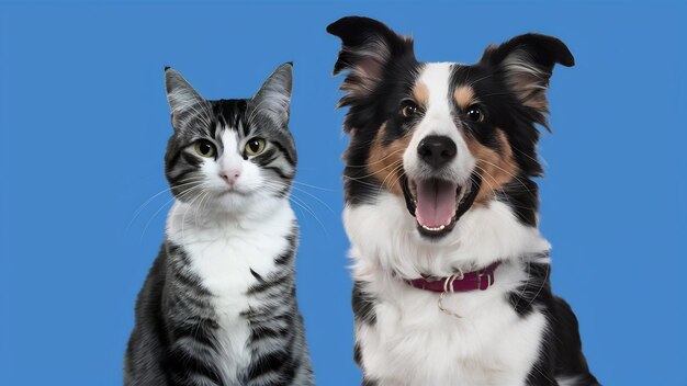 Photo black and white mixedbreed cat and an happy border collie dog panting on blue background