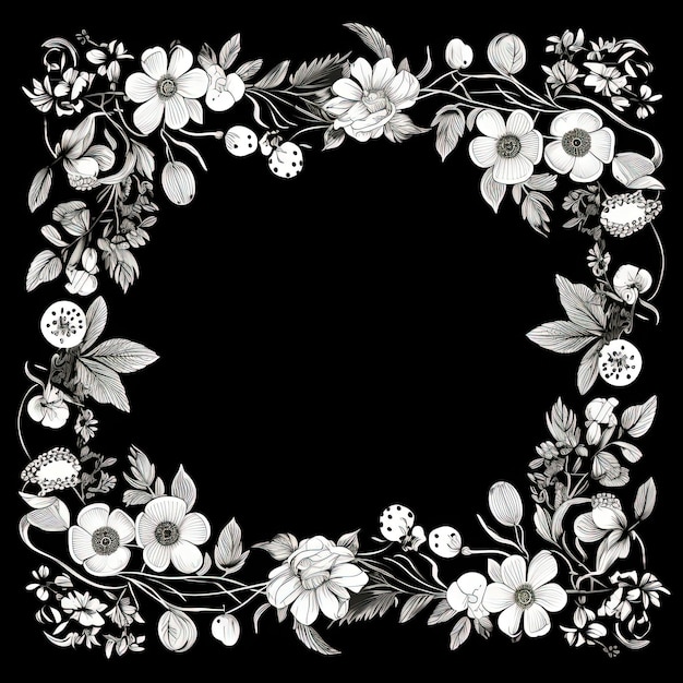 Black and white monochrome floral frame with white anemone flowers and leaves Generative ai