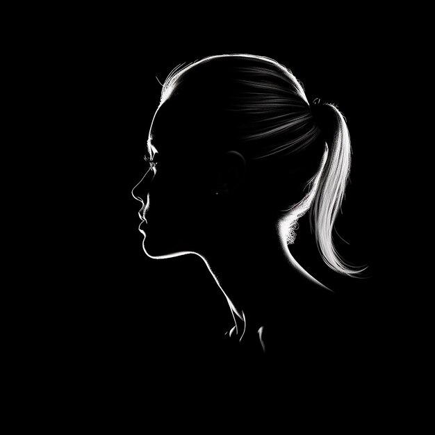 Black and white monochrome head silhouette illustration of a girl