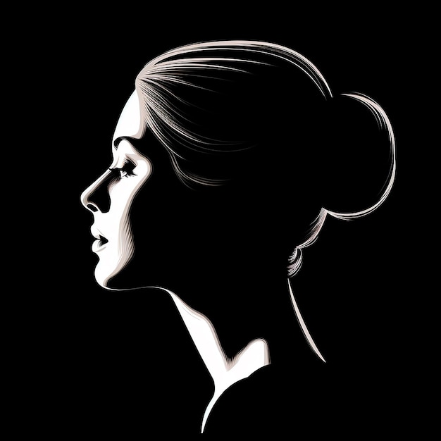 Black and white monochrome head silhouette illustration of a girl