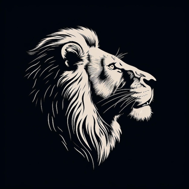 Black and white monochrome head silhouette illustration of a lion Side view