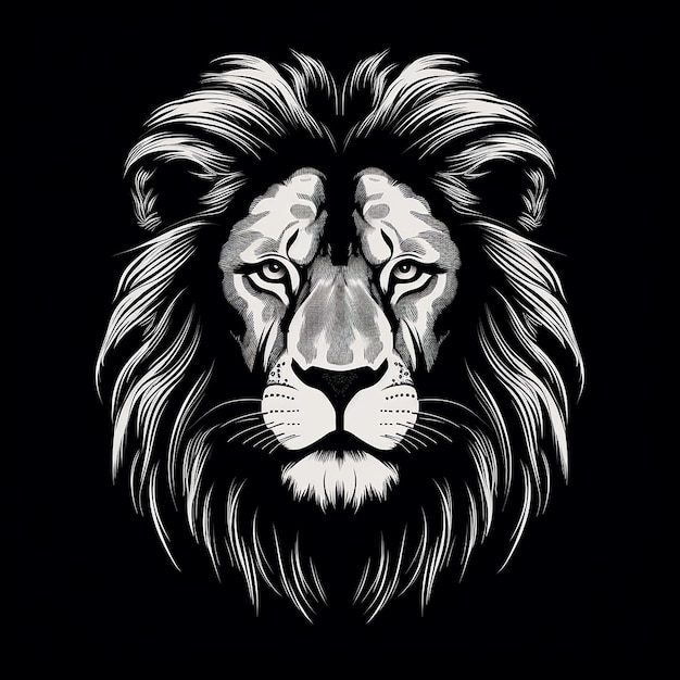 Black and white monochrome head silhouette illustration of a lion