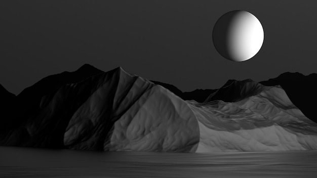 Black and white monochrome minimalistic white planet and
embossed mountains white planet against the background of black
mountains black and white space abstract 3d render