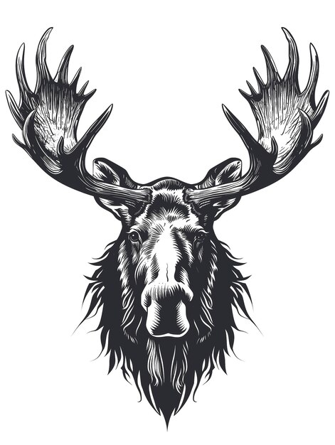 A black and white moose head with large horns and a beard Mule Deer