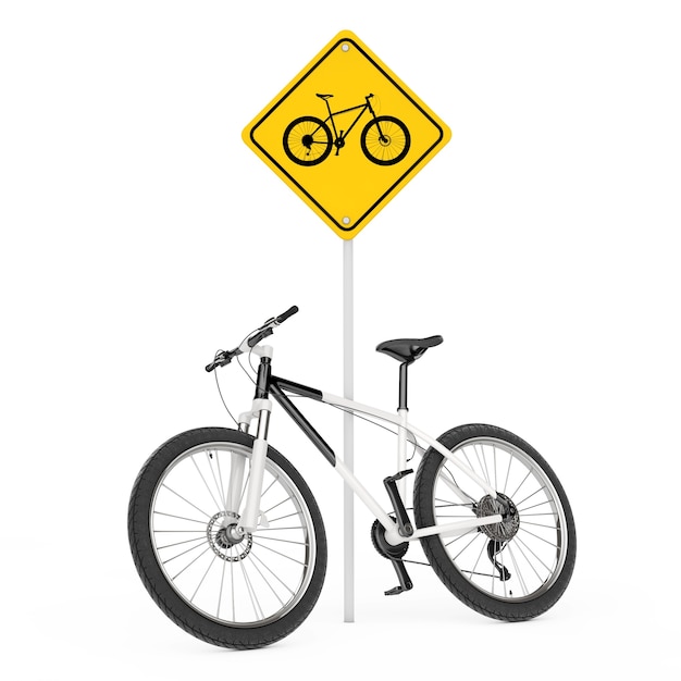 Черно-белый горный велосипед возле предупреждающего знака движения велосипедов на белом фоне. 3d рендеринг