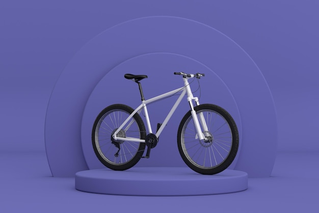 Photo black and white mountain bike over violet very peri cylinders products stage pedestal on a violet very peri background 3d rendering