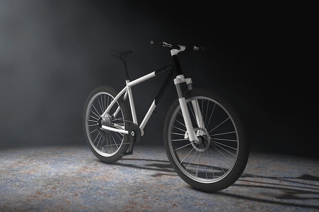 black and white mountain bike  in the volumetric light on a black background. 3d rendering