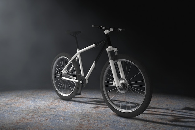 Black and White Mountain Bike  in the Volumetric Light on a black background. 3d Rendering