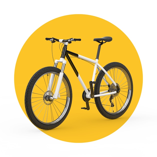 Photo black and white mountain bike on a white and yellow background. 3d rendering